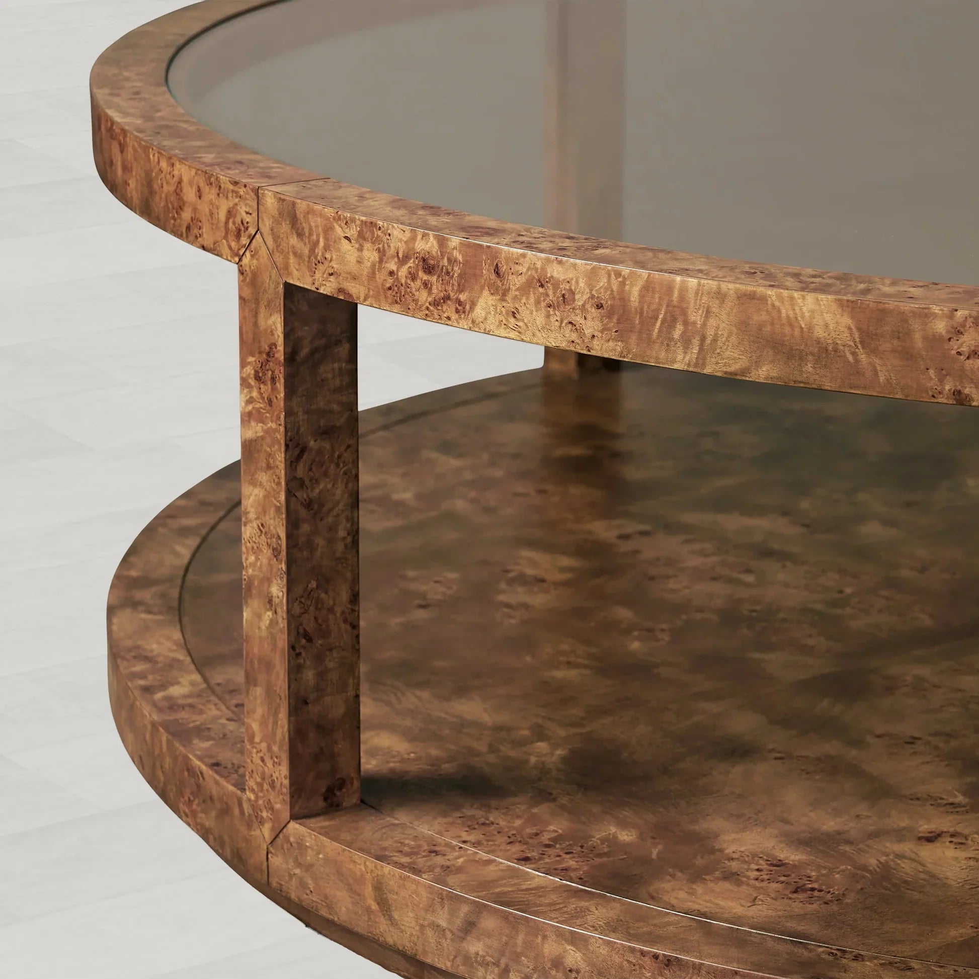 Corey Mappa Burl Round Coffee Table Glass Tabletop Cocktail Table Sofa Center Tea Table