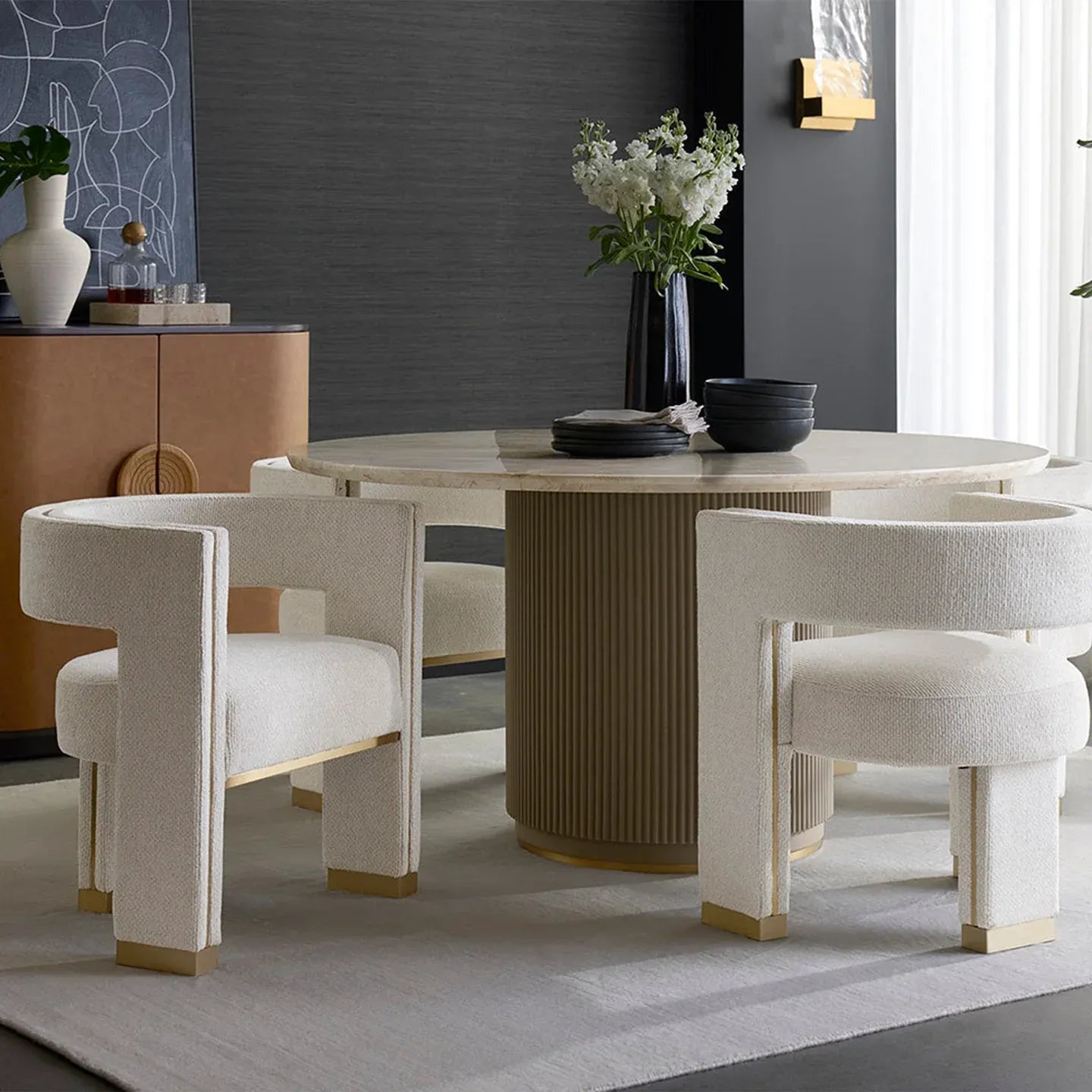 Canodi Marble Top Dining Table with Wood Fluted Base