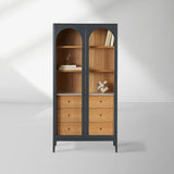 Linley Oak Wood Tall Display Cabinet Glass Door Bookcase with Drawers