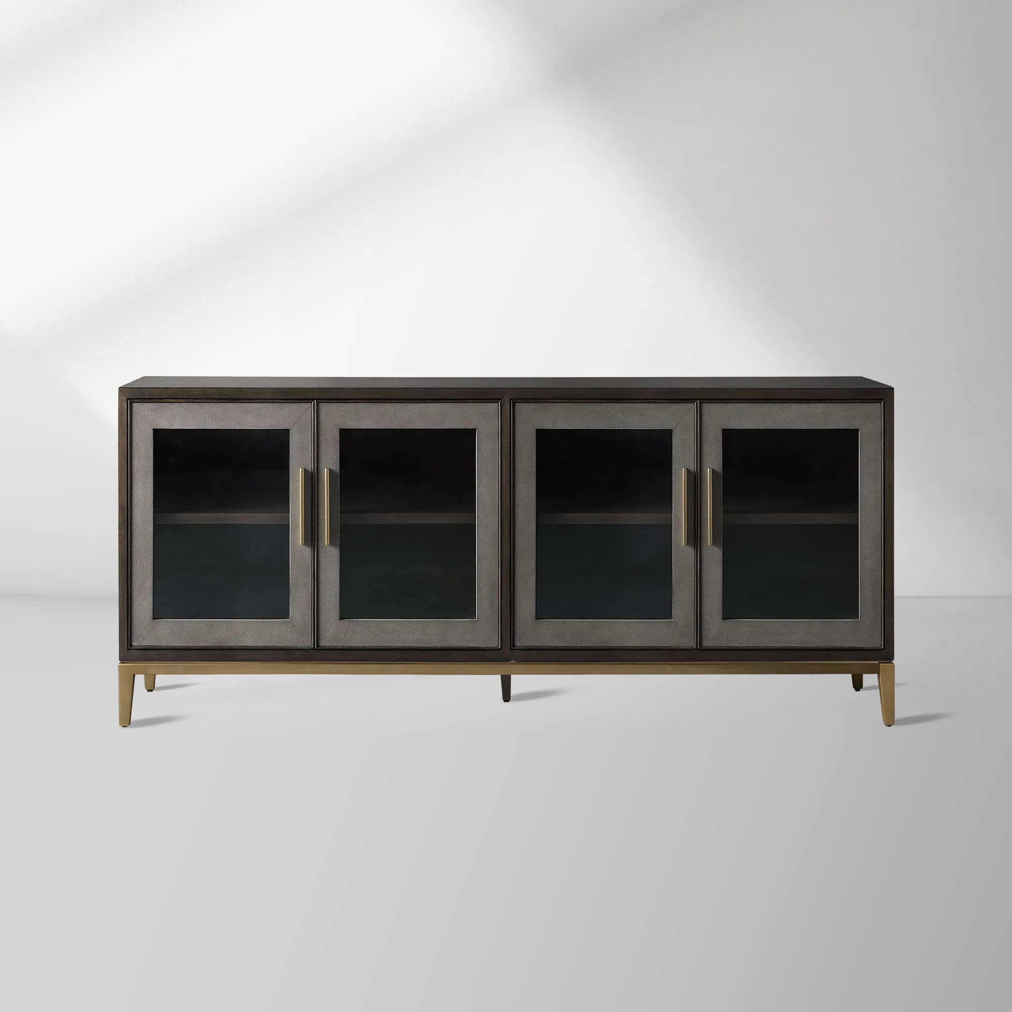 Malone leather Panels Sideboard Glass Doors Buffet Table Oak Wood Living Room Entryways Cabinet