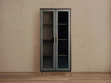 Malone Textured Leather Tall Display Cabinet Wood Storage Cabinet with Glass Doors