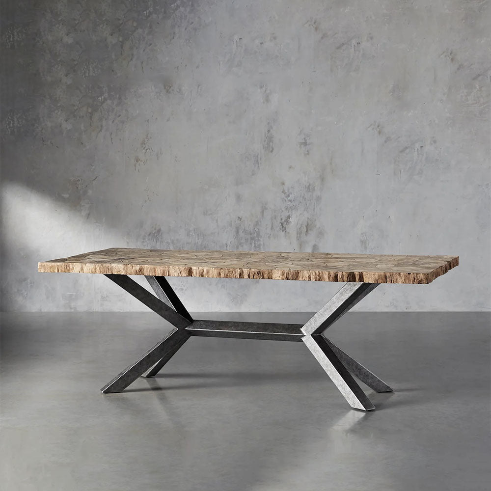 Petra Rectangle Dining Table marble & Petrified Wood Top with Iron Base