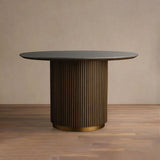 Finnley Round Wood Dining Table With Carrara Marble or Bluestone Top